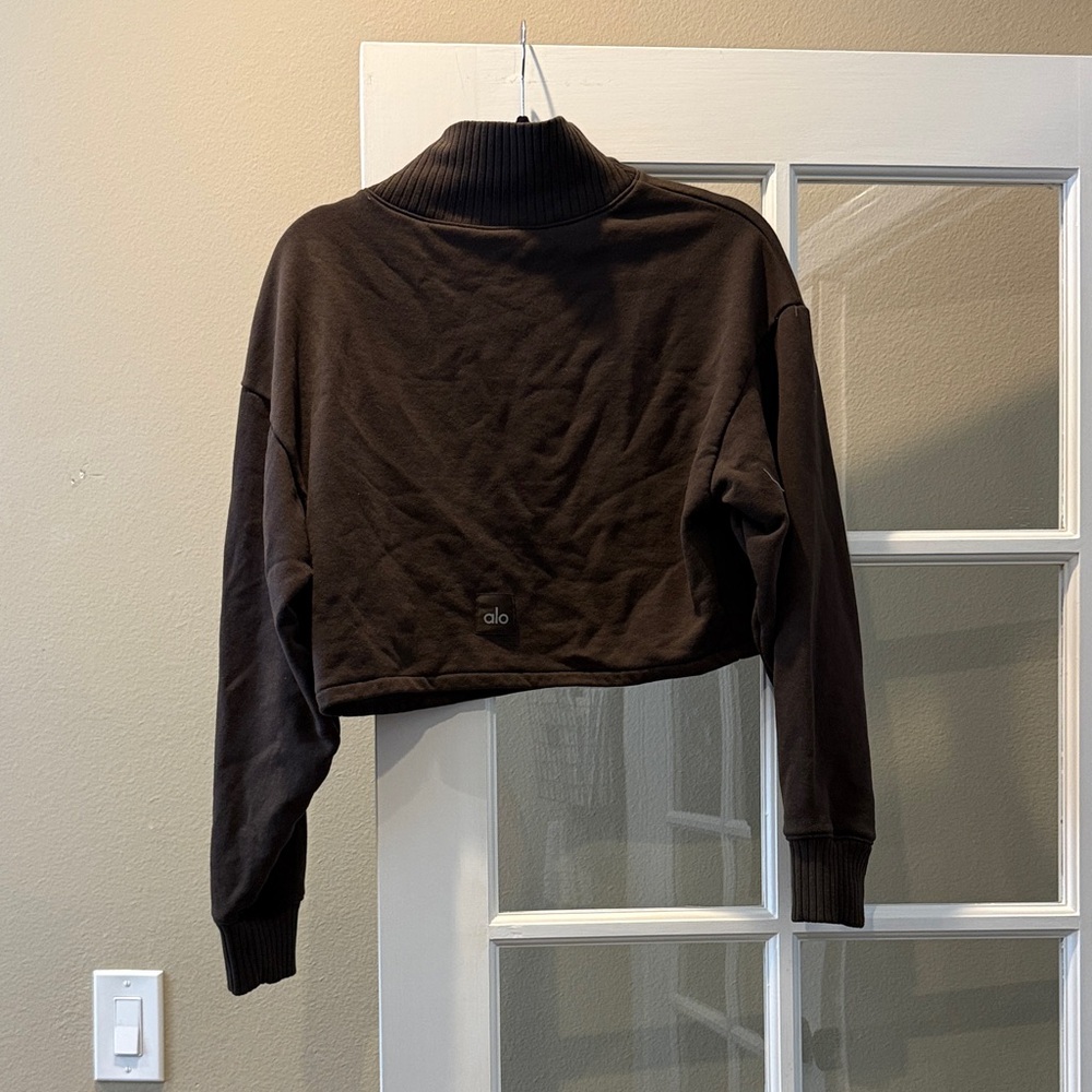 ALO Yoga Cropped Turtleneck Sweatshirt in Dark Brown - Picture 2 of 2